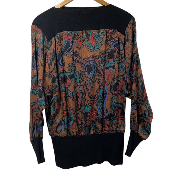 IBE Tops - Vtg IBE Womens 100% Silk Blouse Dark Florals Black Knit Trim Sz 10 Artsy 80s